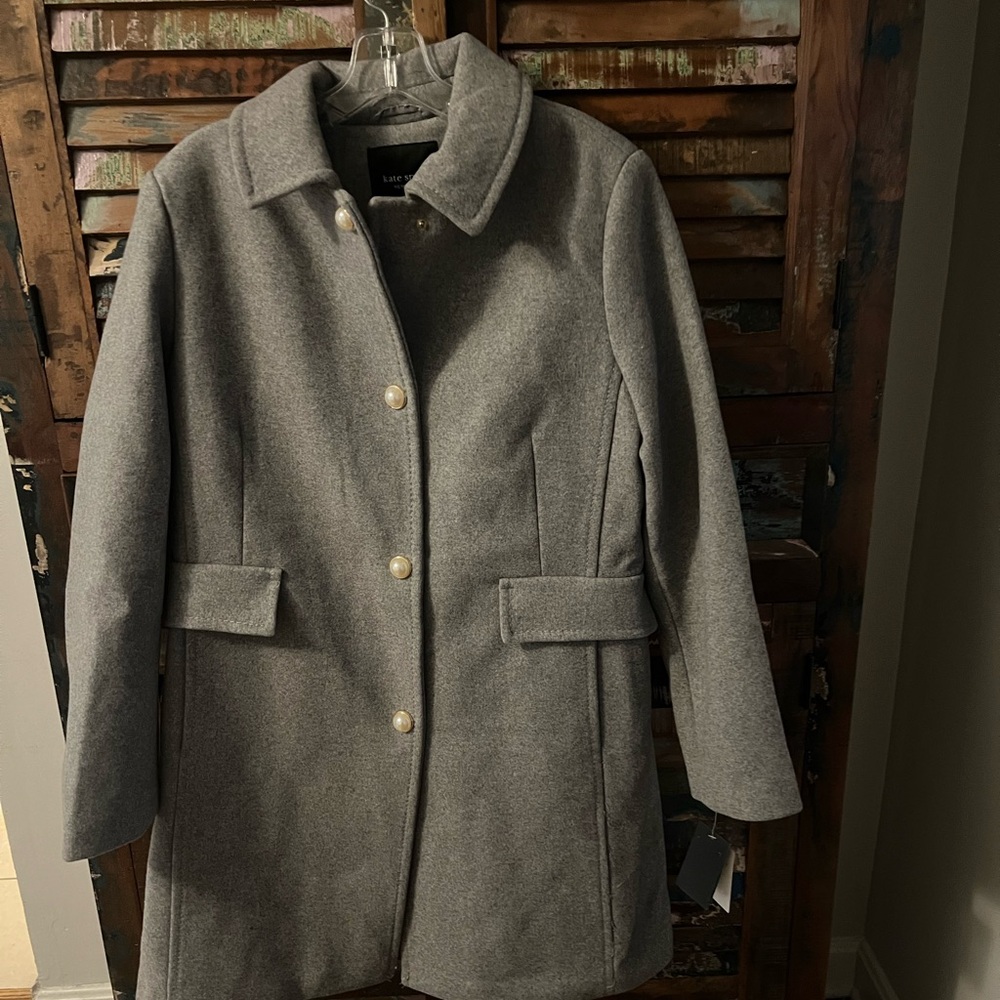 NWT Kate Spade Gray Coat Pearl Button Long Line Jacket Size Large - Picture 2 of 4
